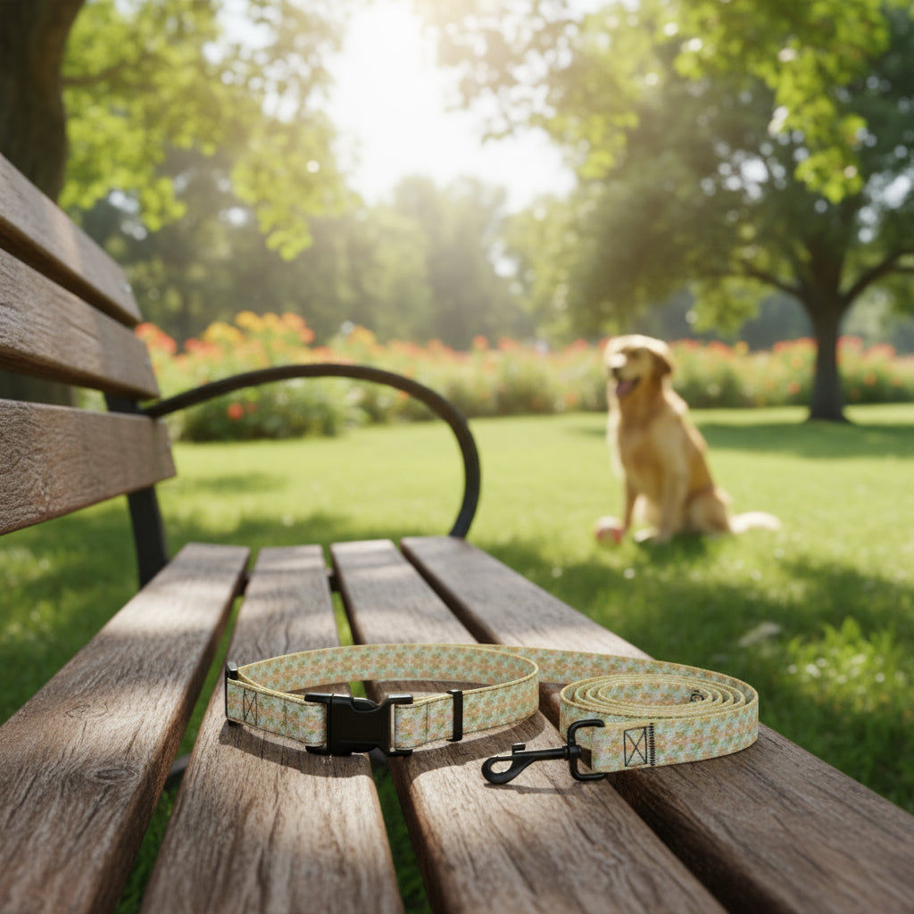 Dog collar and leash on a park bench with dog in the background